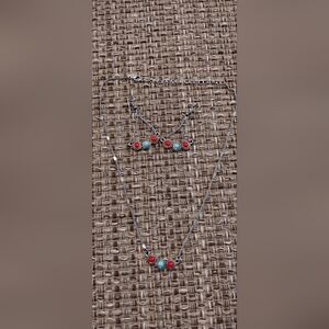 Silver Necklace and Earring Set with Red and Turquoise Stones